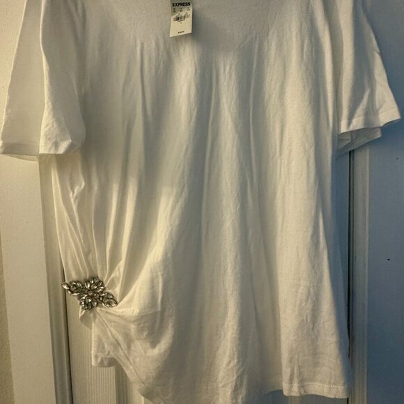 Express White Asymmetrical Rhinestone Tee | Size L | NWT - Picture 2 of 6
